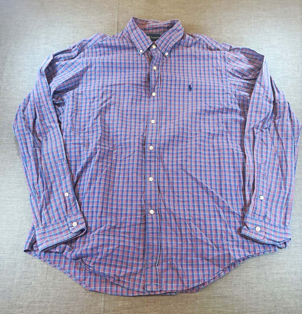 Vintage Ralph Lauren Oxford Mens XL Blue Red Plaid Button Down Dress Shirt